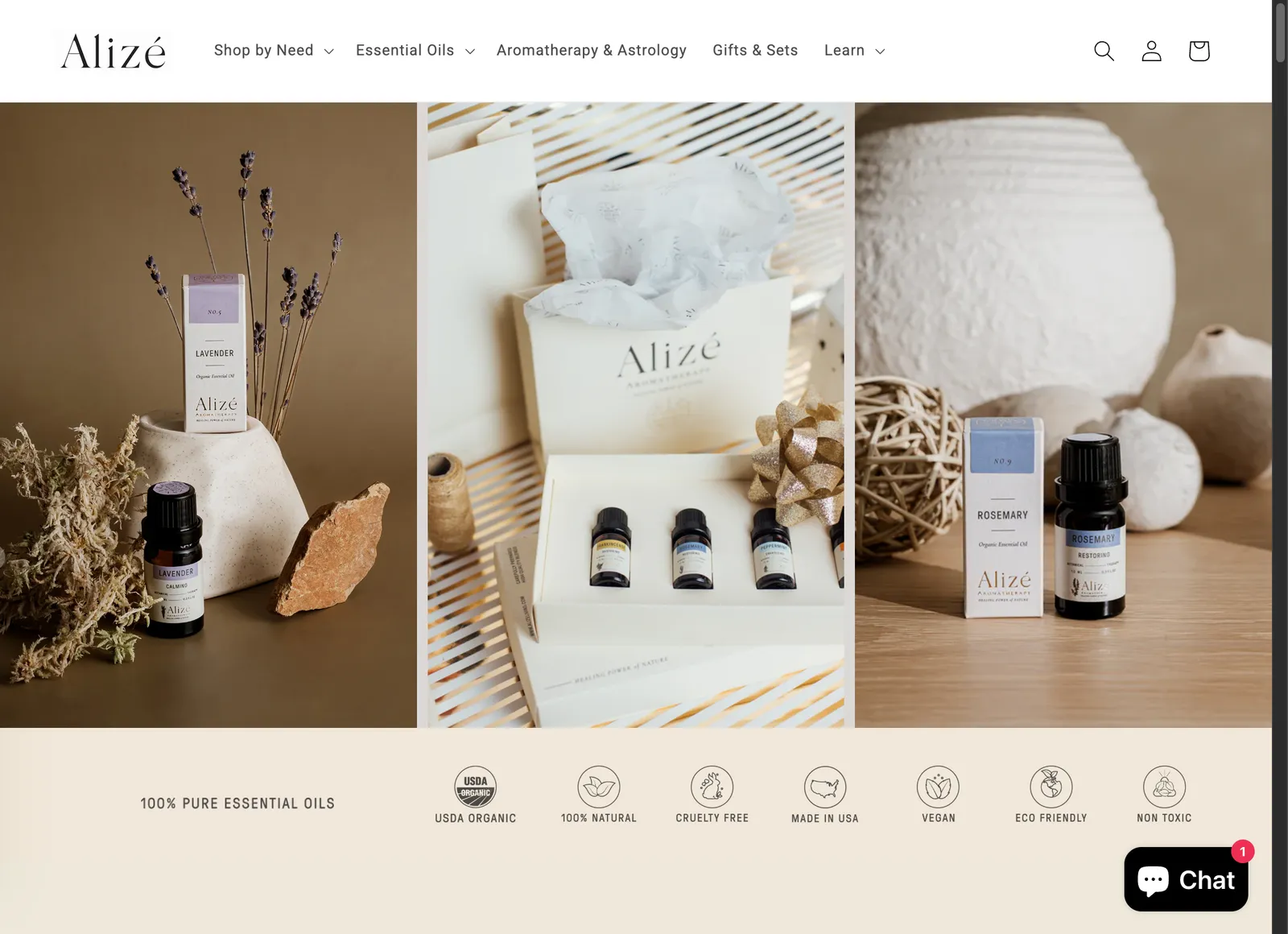 Alize Living storefront, desktop view