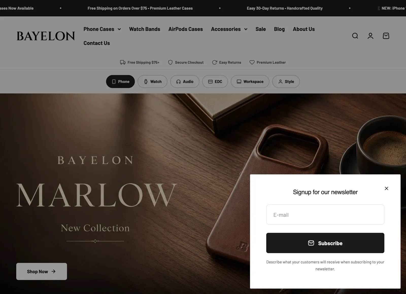 Bayelon storefront, desktop view
