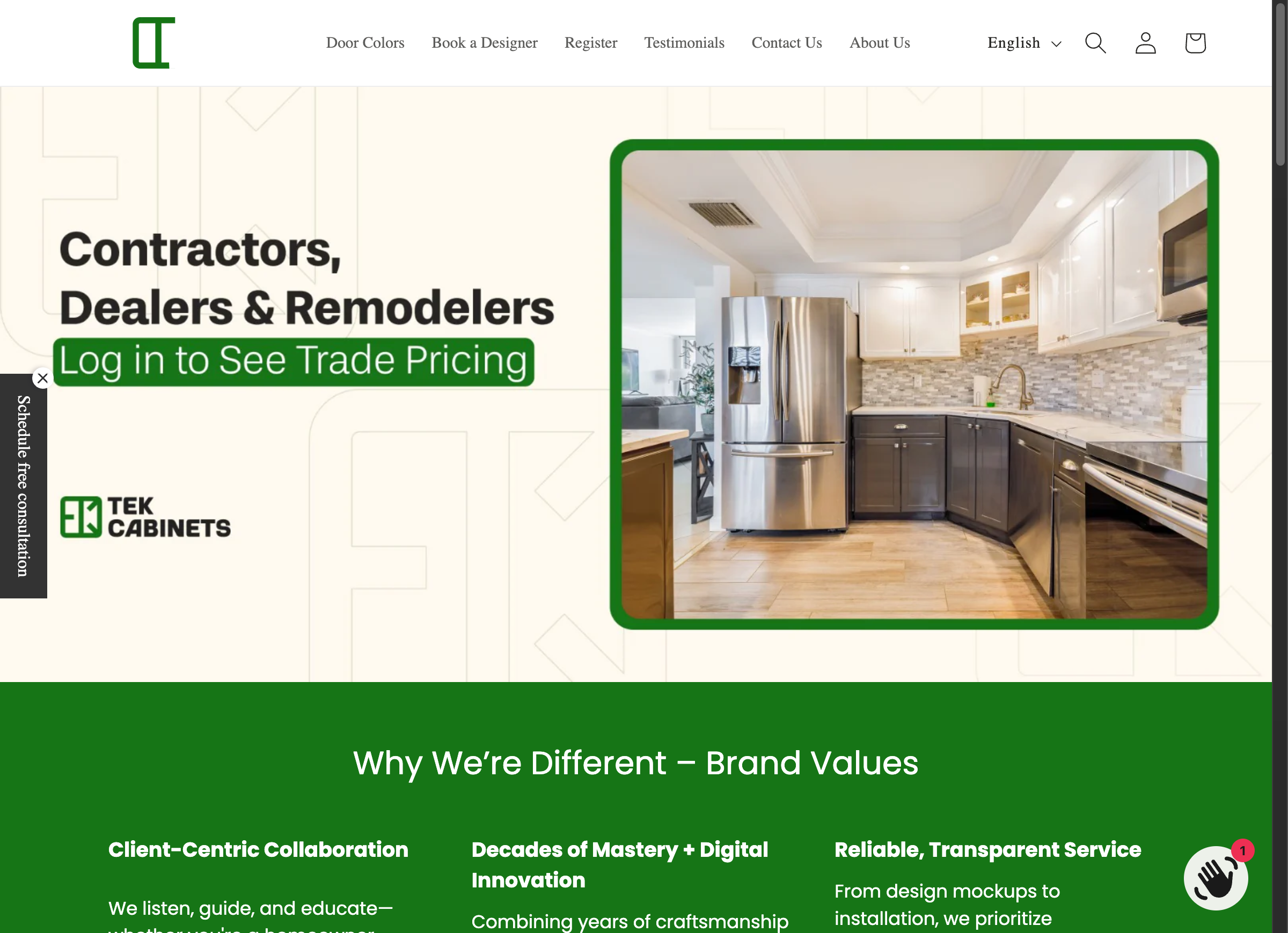 Tek Cabinet storefront, desktop view
