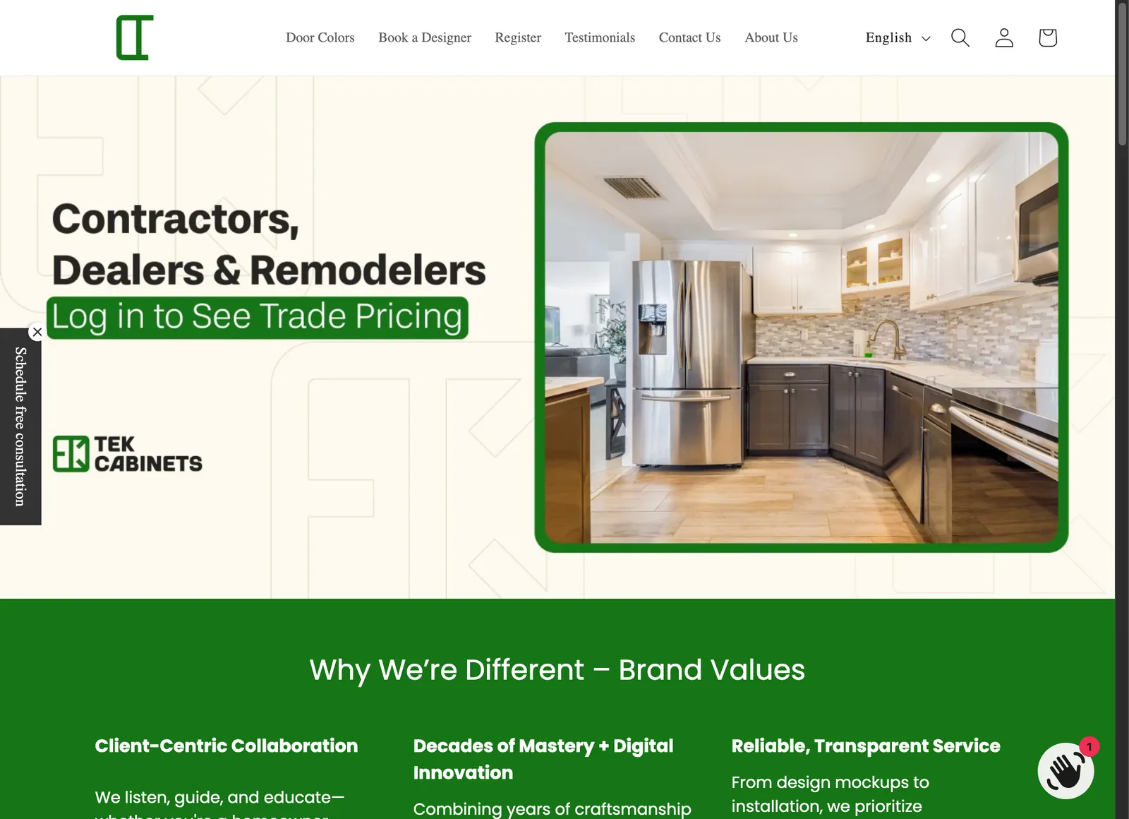 Tek Cabinet storefront, desktop view