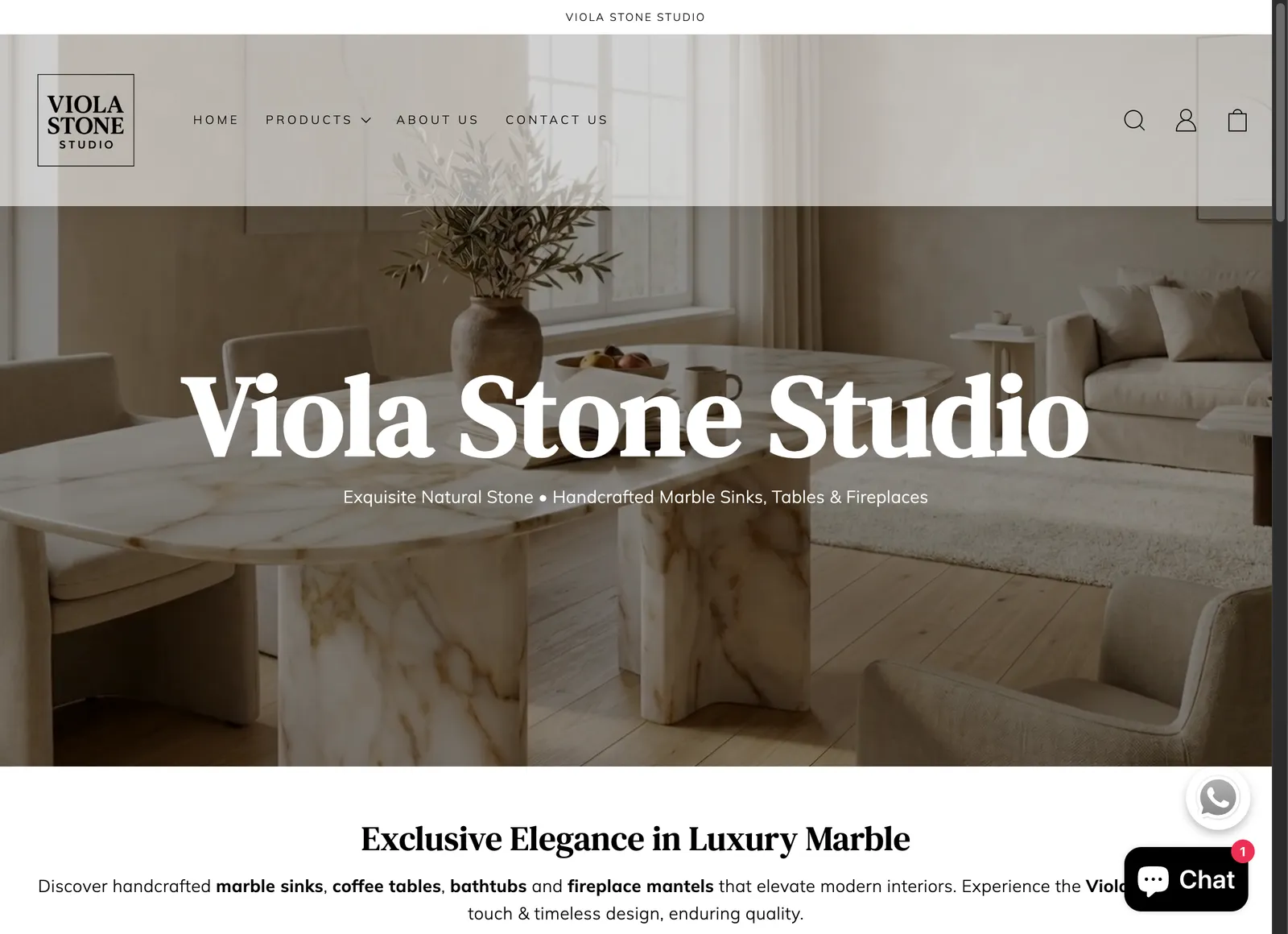 Viola Stone Studio storefront, desktop view